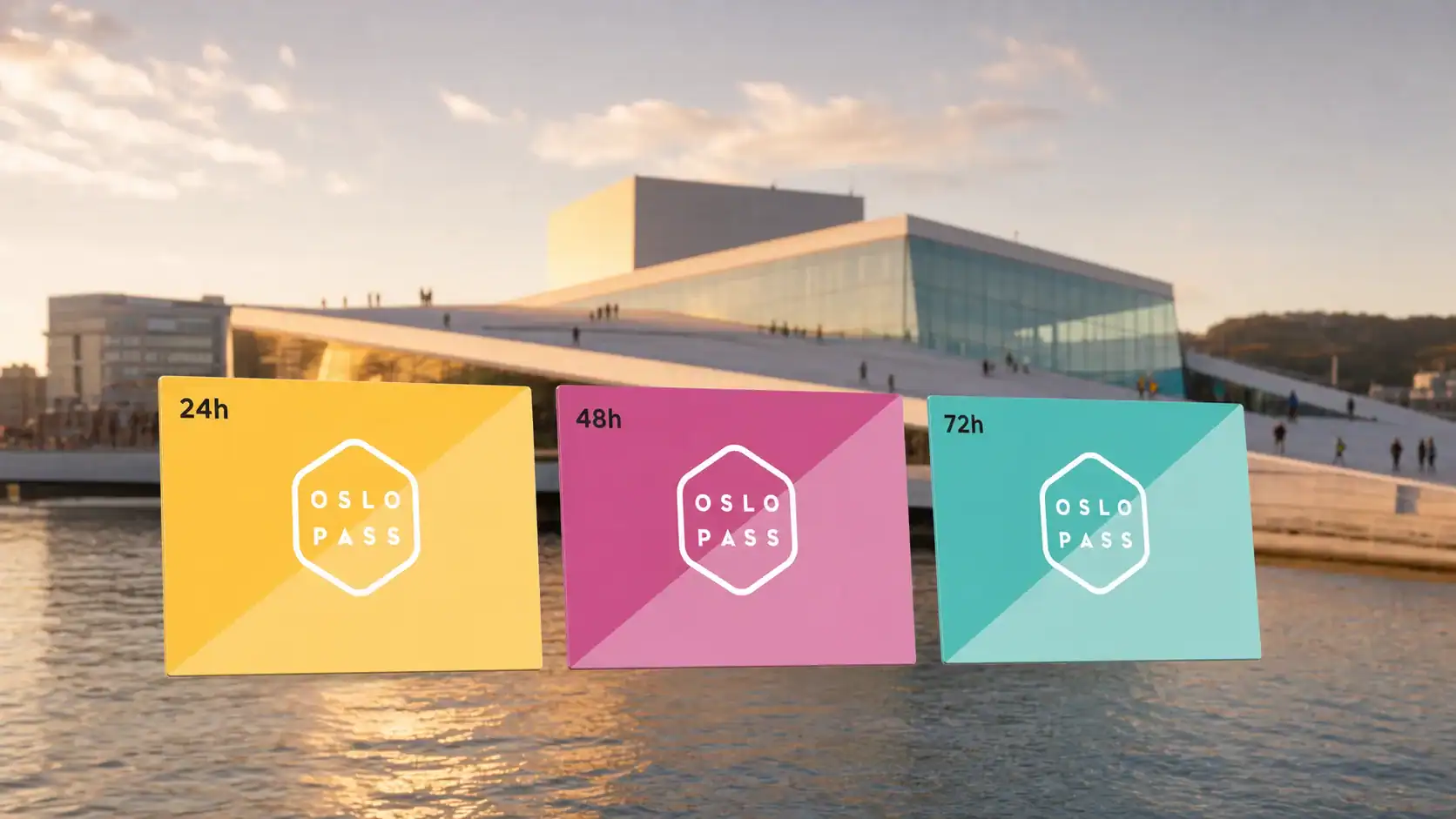 Drei Oslo-Pass-Karten (24, 48 und 72 Stunden) vor der Oper Oslo im Abendlicht